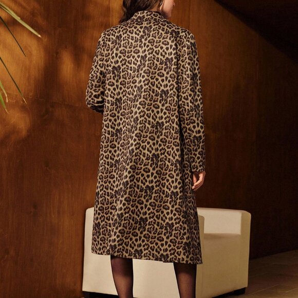 Khaki Elegant Women's Classic Collar Leopard Coat - Picture 2 of 8